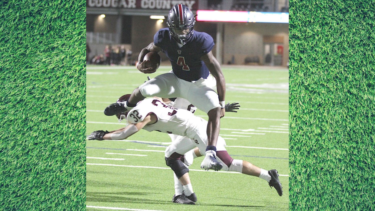 Tompkins quarterback Jalen Milroe recently announced a switch in his college decision and said after much thought with his family, the University of Alabama was the right next step for him to take after his Falcons’ career closes at the end of this year. Pictured is Milroe hurdling a Cinco Ranch defender en route to the end zone in a 58-0 win to end the regular season.